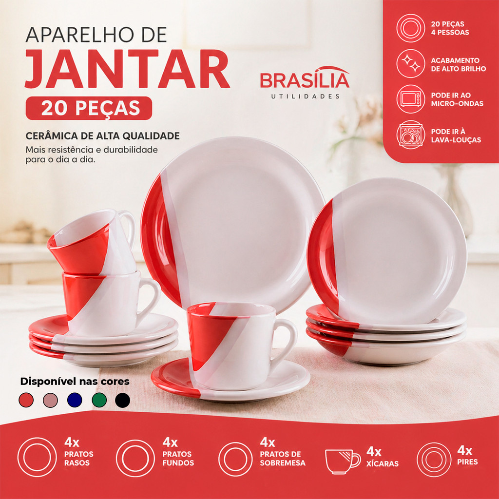Aparelho De Jantar 20 Peças de Cerâmica Kit Completo — imagem 2 de 2