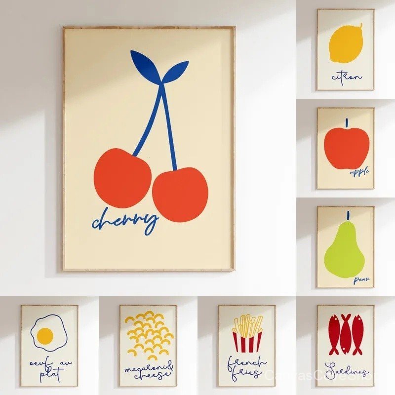 7K2Q Impressão de Arte de Parede Minimalista Moderna, Pintura em Tela de Frutas, Comidas e Bebidas, Pôster de Figuras em