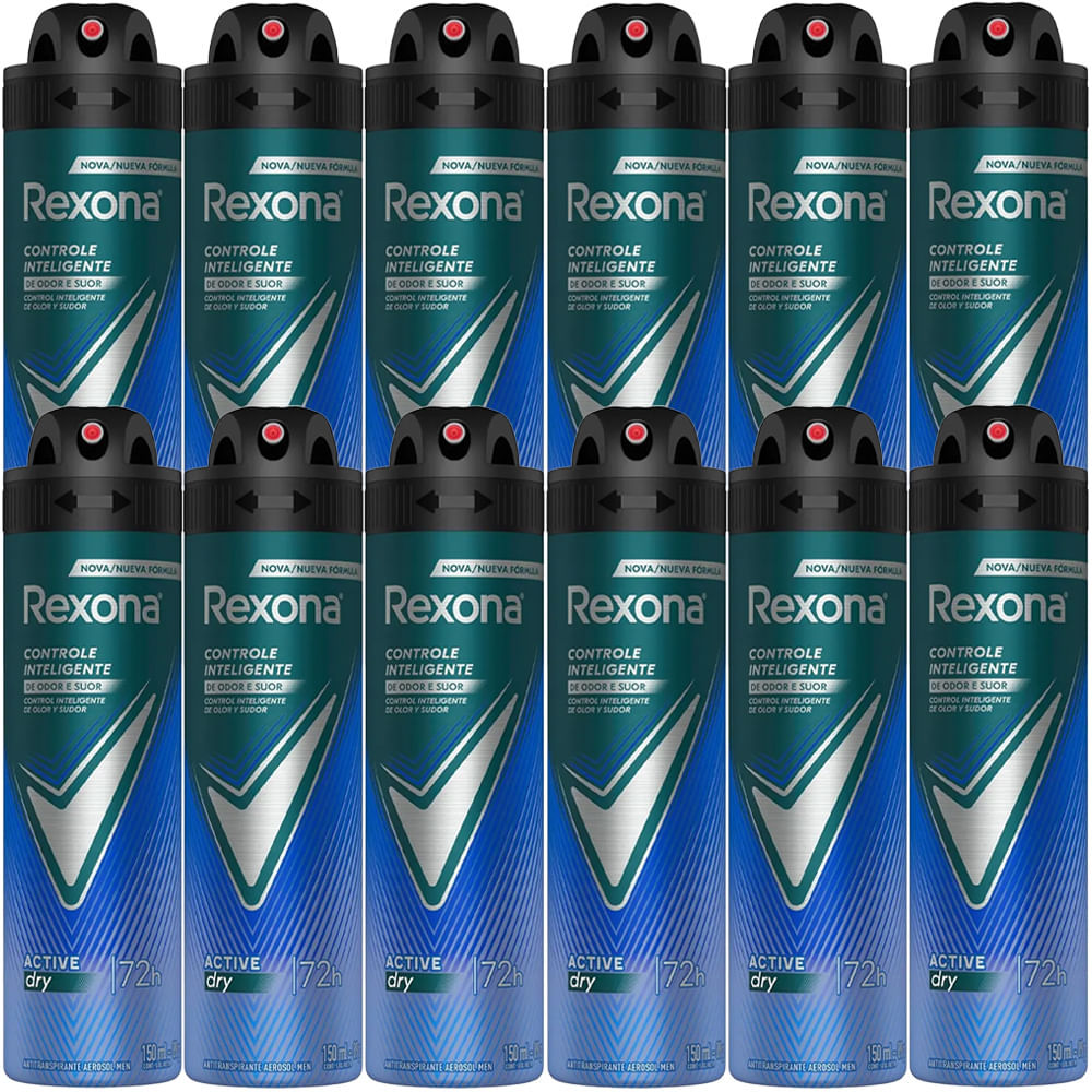 Kit Desodorante Aerosol Rexona Masculino Active Dry/Azul 150ml - 12 Unidades