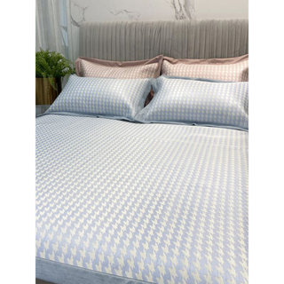 2026 novo estilo verão Houndstooth cubo tapete de seda gelo conjunto de três peças esteira verão folha estilo esfrega do