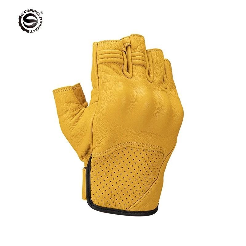 SFK Amarelo Luvas De Motocicleta Meio Dedo Verão Respirável Couro De Cabra Real CE Cetificação Proteção De Junta Resiste