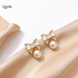 Qovlic Brinco de Laço com Pérola Zircônio Banho Ouro Elegante Feminino Presente