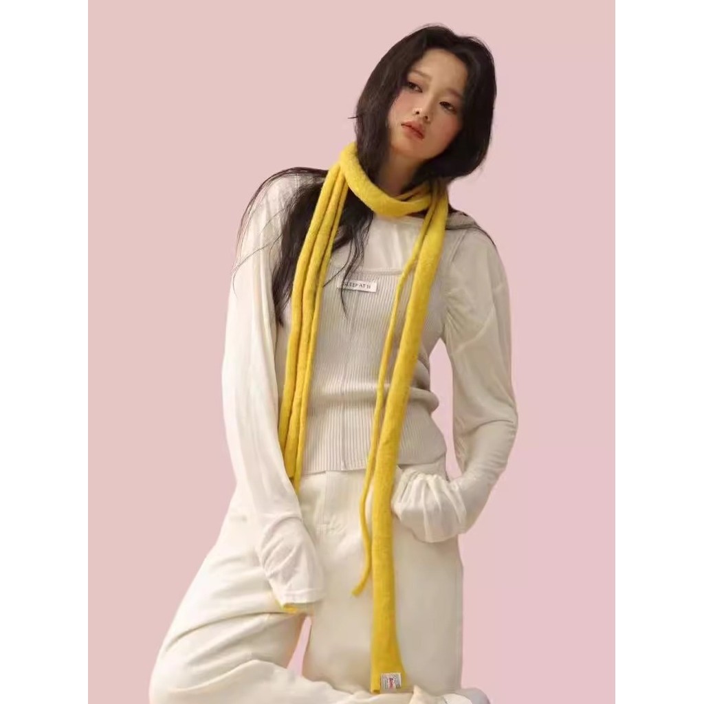 Lã monocromática corda dupla longo cachecol estreito feminino menina quente High-End All-Match decorativo malha Baguette