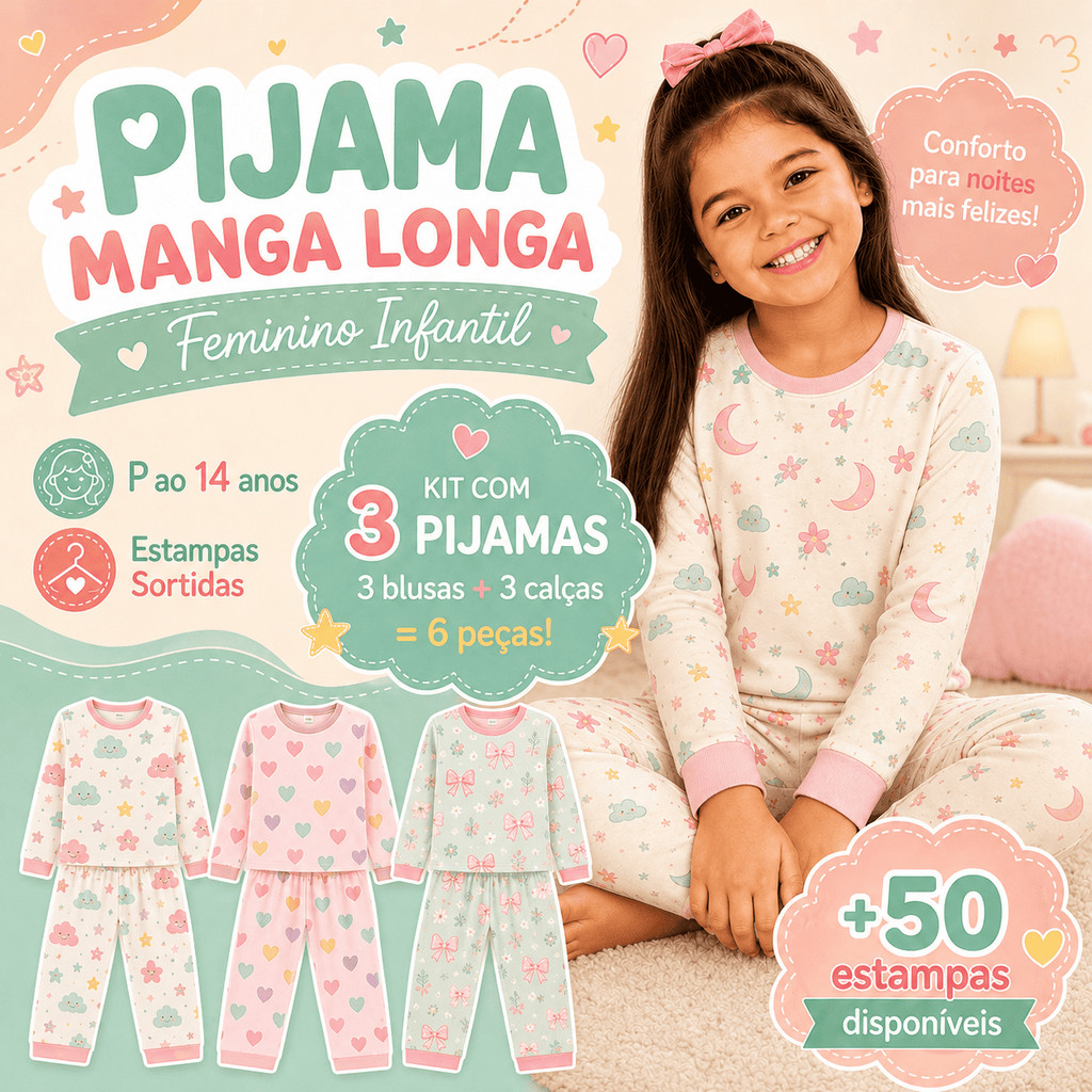 Kit 3 Pijamas Infantil Menina Criança Inverno Manga Longa Comprida Calça Blusa 6 Peças Estampas Sortidas Roupa de Dormir