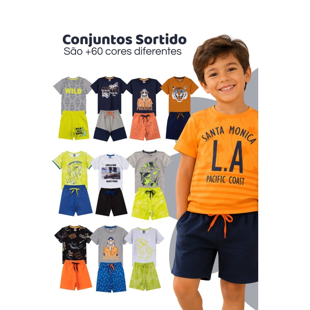 Kit Sortido 20 Peças de Roupas Infantil Menino - 10 Camisetas + Bermudas - Kit 10 Conjunto Infantil