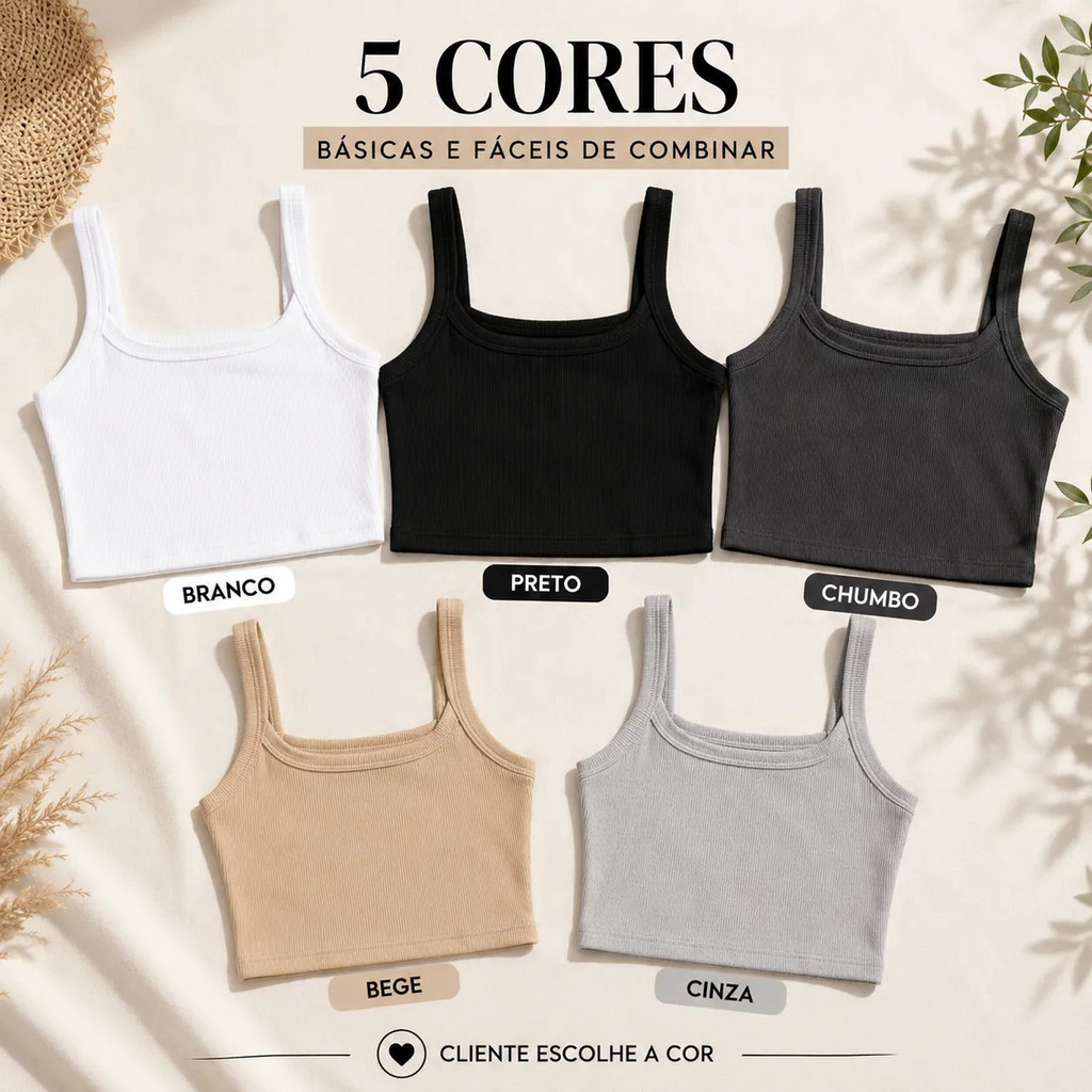 Kit 5 Regata Top/cropped Femenina Canelada Moda Gringa Lisa