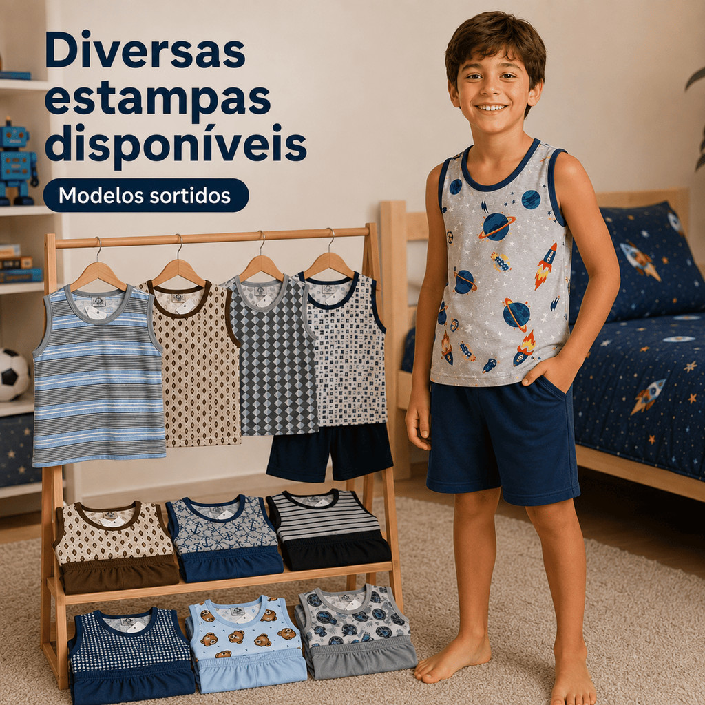 Pijama Infantil Menino Verão Regata Short Poliéster Estampas Sortidas Tam. 02 ao 16 Anos Leve Macio