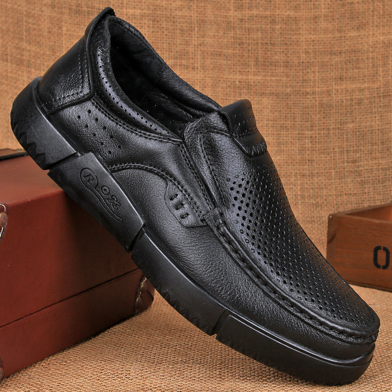 Sapatos de couro oco masculino verão perfurado sapatos masculinos respirável negócios Casual sola grossa meia-idade idos