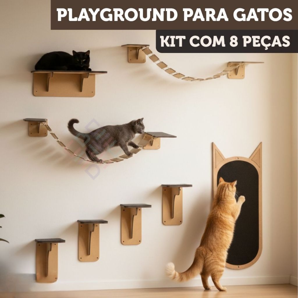 Kit Playground Gato 8 Peças Reforçado Circuito Parede MDF - Ponte Degraus Arranhador Antiderrapante