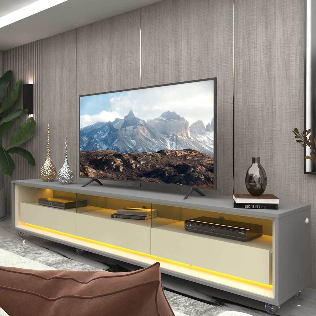 Rack para TV até 85 Polegadas com LED 100% MDF 211,4cm Rodízios Requinte Yescasa Cinza Cinza/Off White