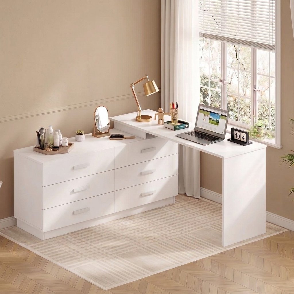 Escrivaninha Mesa Escritório em L com Cômoda Leonie 6 Gavetas 138 cm Yescasa Branco Branco
