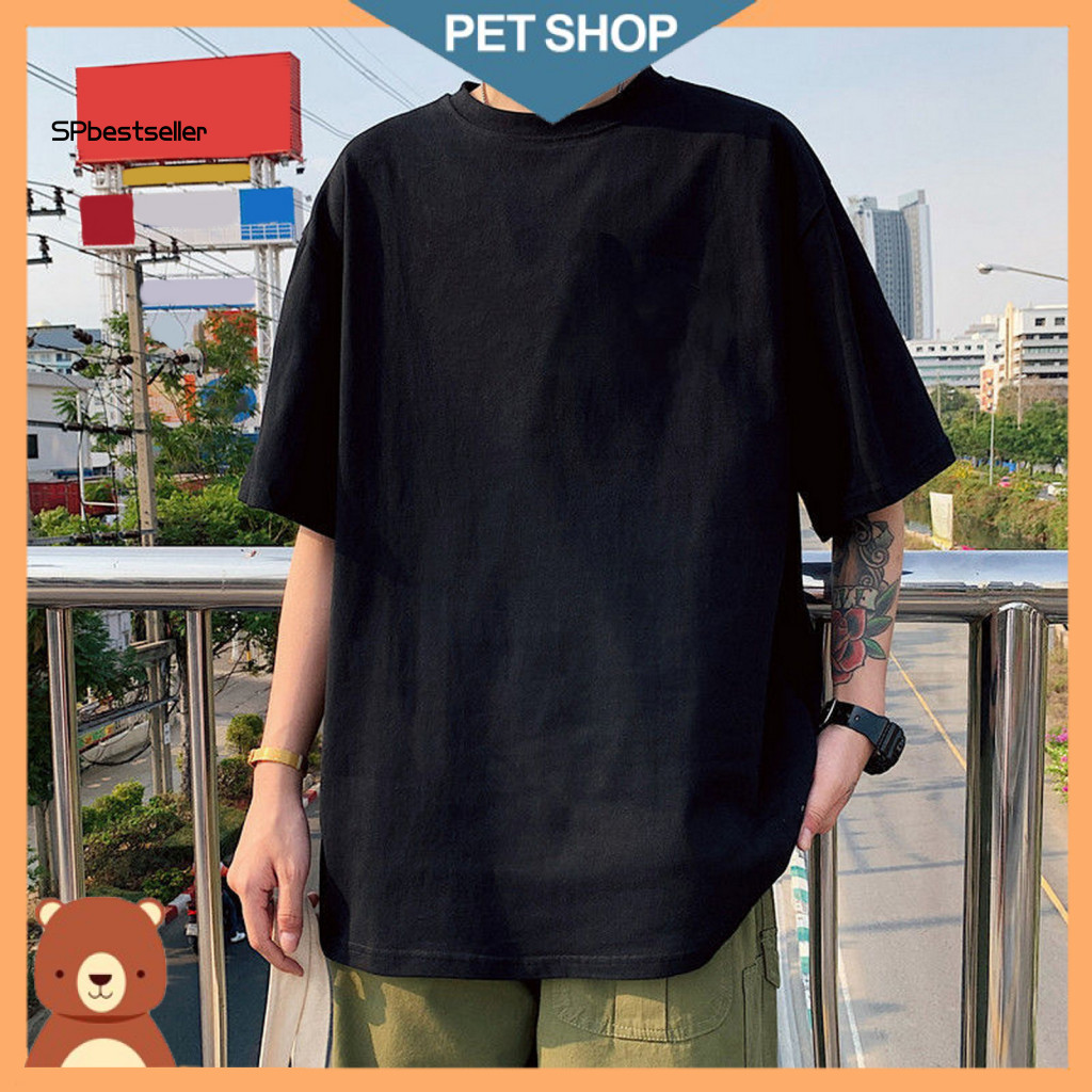 Sp Loose Fit Men Top Masculino Regular Tee Verão Camiseta Feminina Gola Redonda Cor Sólida Meia Manga Solta Pulôver Juve