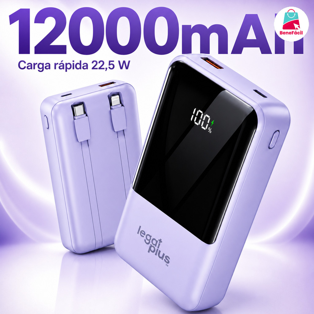 Bateria Portátil 12000mAh com Visor Digital e Cabos Duplos Embutidos – 22.5W de Potência, 3.7V