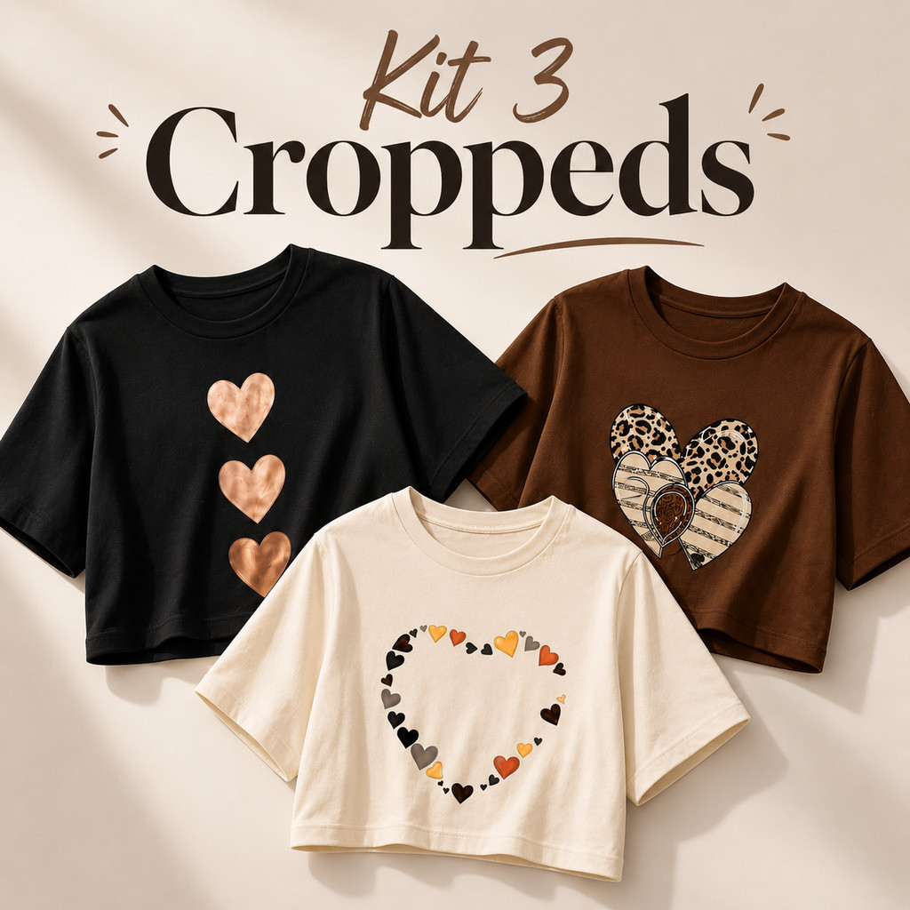 Kit 3 Cropped Feminino Oversized Estampado Coração Camiseta Feminina Manga Curta Algodão Blusa Larga Moda Casual