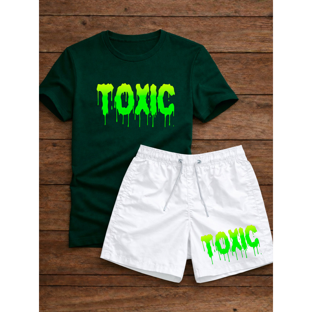 Conjunto Camiseta Algodão Premium + Shorts Tactel Estampado Toxic Estampa Neon