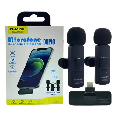 Microfone de Lapela Duplo Sem Fio B-Max BM-221 Preto USB-C com 2 Condensadores para Câmera Tablet Computador