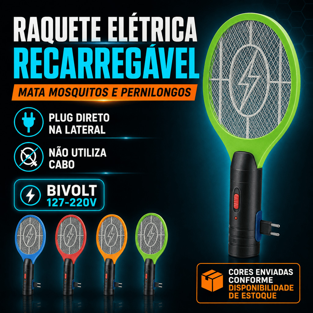 Raquete Elétrica Mata Mosquito Recarregável Bivolt 110v~220v Elimina Insetos