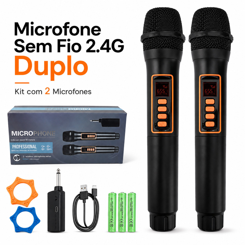 Kit 2 Microfones Sem Fio 2.4G Duplo Profissional Com Receptor Recarregável