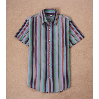 Verão de manga curta masculino puro algodão listras verticais fino ajuste em linha reta camisa Casual masculina de meia-