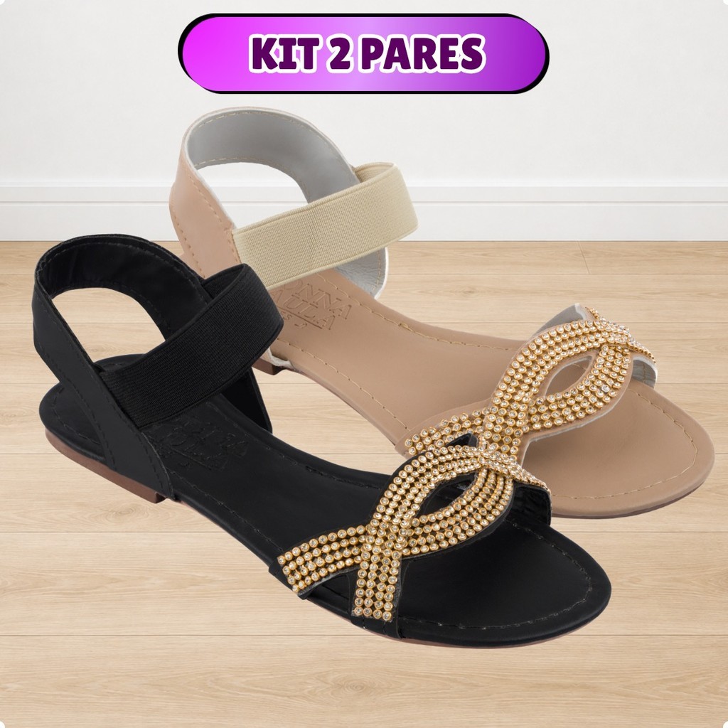 Sandália Feminina Rasteirinha Kit 2 Rasteiras Confortável Elástico Dia a Dia Moda