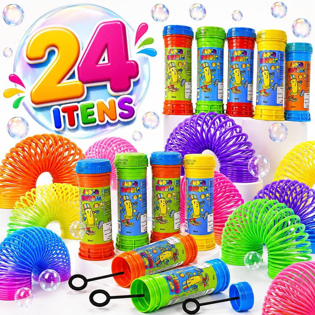 Kit 12 Bolhas De Sabão + 12 Molas Maluca Lembrancinha Festa Infantil Prenda Brinde Aniversário