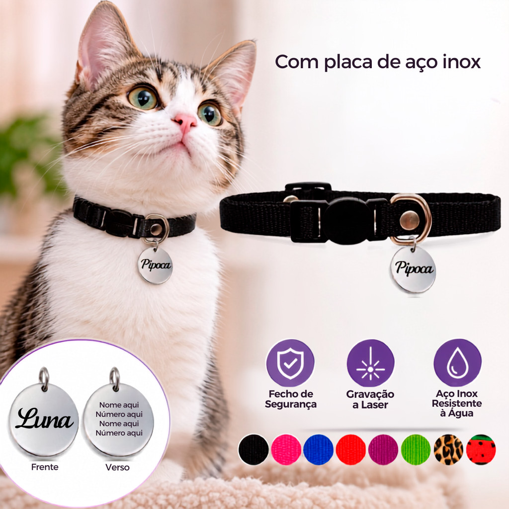 Coleira Slim Para Gato Com Placa de Identificação Aço Inox Nome Gravada a Laser