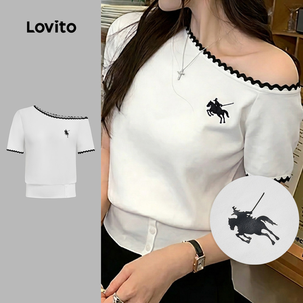 Lovito Soltinho Camiseta Casual Feminina Com Padrão Colorblock E Gola De Babado Off White TSB199P2D753