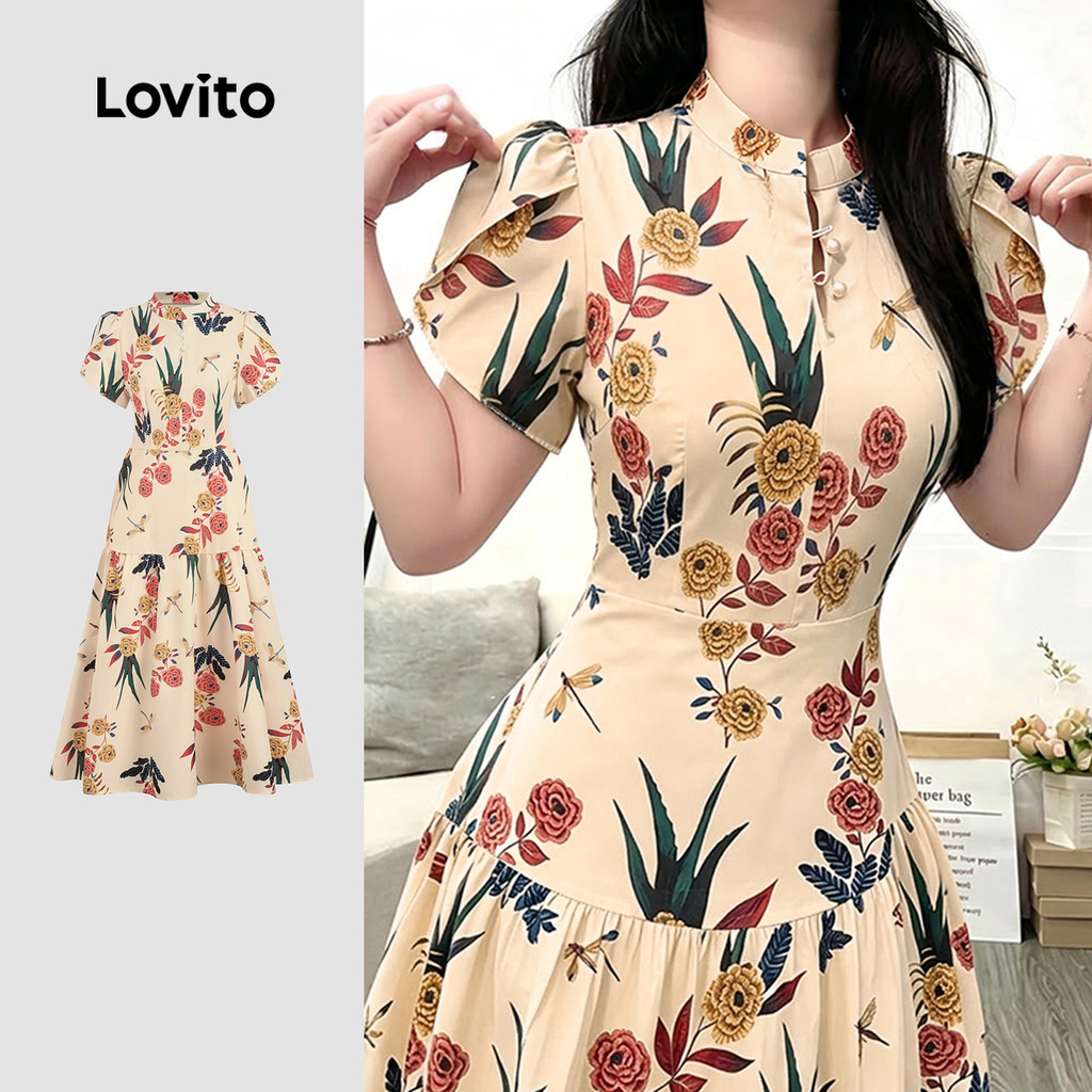 Lovito Vestido Elegante com Padrão de Botões Plissado Primavera/verão para mulheres DRB198P1D019