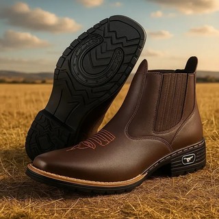 Botina Texana Masculina Bota Chelsea Country Confortável Resistente de Couro Macio Antiderrapante