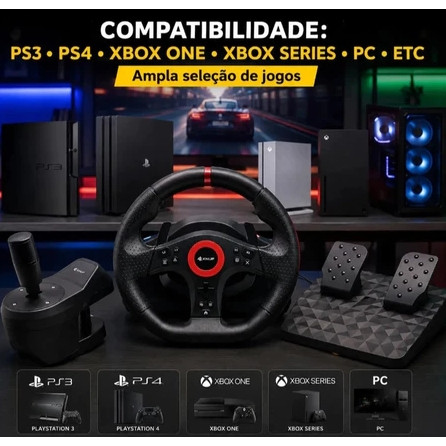 Volante  Para Pc Ps4 Xbox Series 7EM1 Motor duplo de vibração Gamer 270° Pedais Cambio KP5818