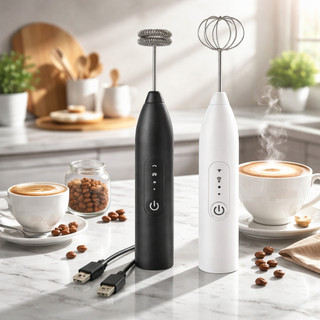 Batedeira elétrica recarregável por USB, com 3 velocidades e estrutura em aço inoxidável.