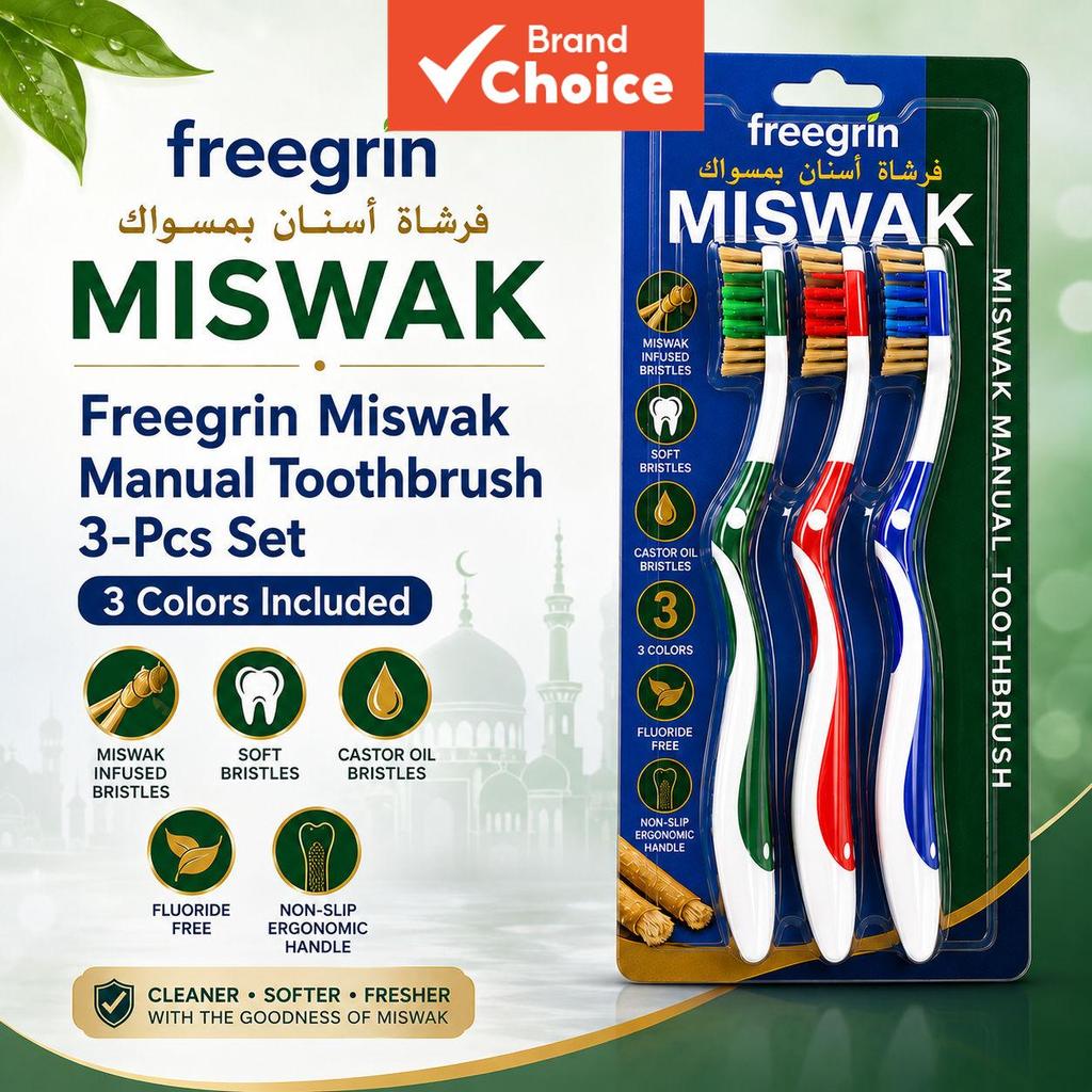 Freegrin Miswak Manual Escova de Dentes 3 peças, Cerdas Macias, Sem Flúor, Cabo Antiderrapante, Cuidados Bucais para a
