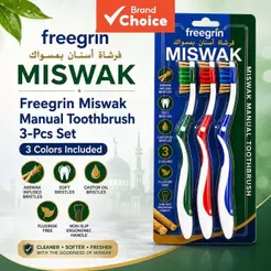 Freegrin Miswak Manual Escova de Dentes 3 peças, Cerdas Macias, Sem Flúor, Cabo Antiderrapante, Cuidados Bucais para a
