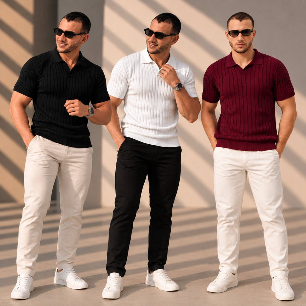 Kit 3 Camisa Polo Tricô Canelada Masculina Manga Curta Modal Leve Gola V sem Botão Slim Premium Casual Elegante Old