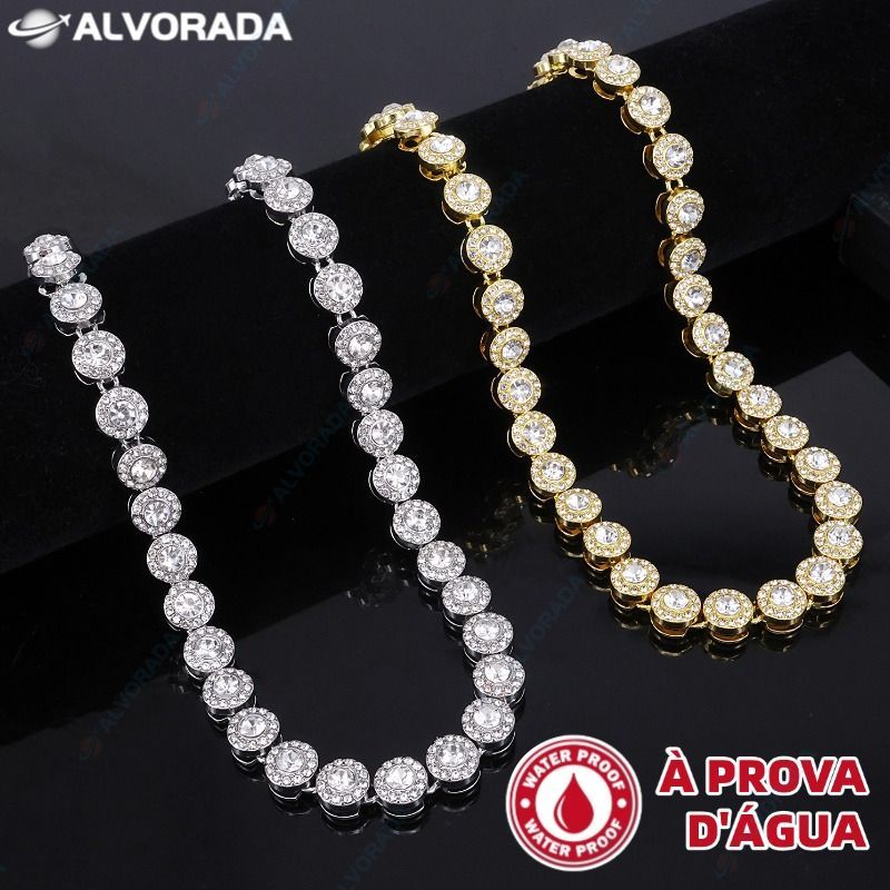 Conjunto Corrente Cubana Redonda e Pulseira Unissex Cravejada com Diamantes Prateado Hip Hop-AL