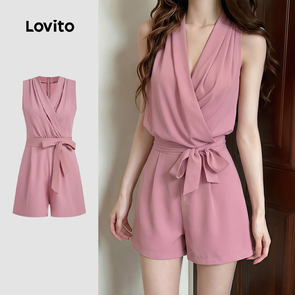 Lovito Macacão Casual com Laço Plissado Rosa Primavera/verão para mulheres JRK8P1D265