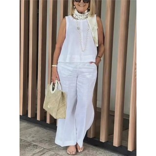 Conjunto de duas peças para mulher, composto por blusa sem mangas e calças de pernas largas, em algodão e linho, ideal p