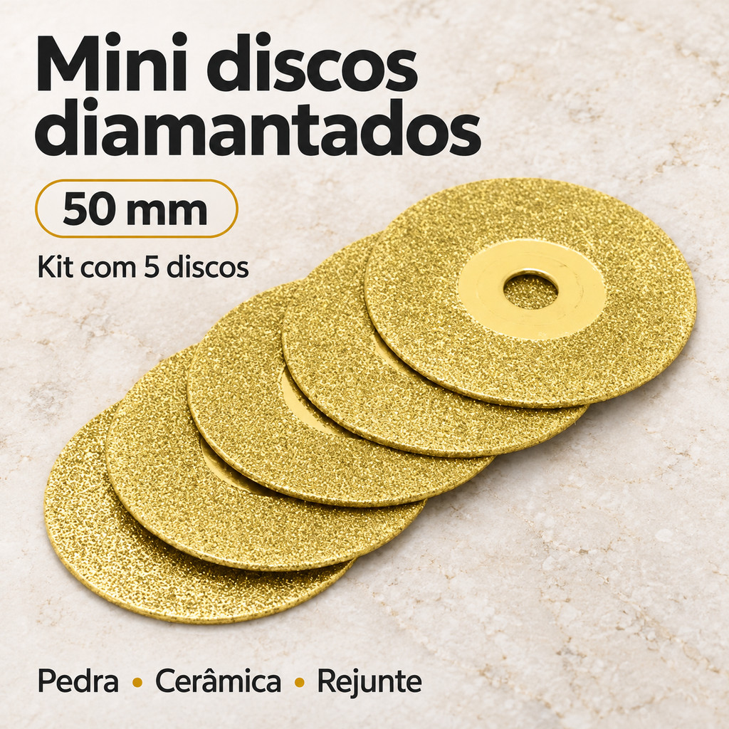 Kit 5 Mini Discos Diamantados 50mm para Corte de Pedra, Cerâmica e Remoção de Rejunte