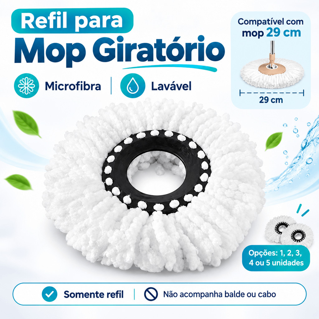 Refil para Mop Giratório de Microfibra Lavável Kit 1 a 5 Unidades para Limpeza de Pisos