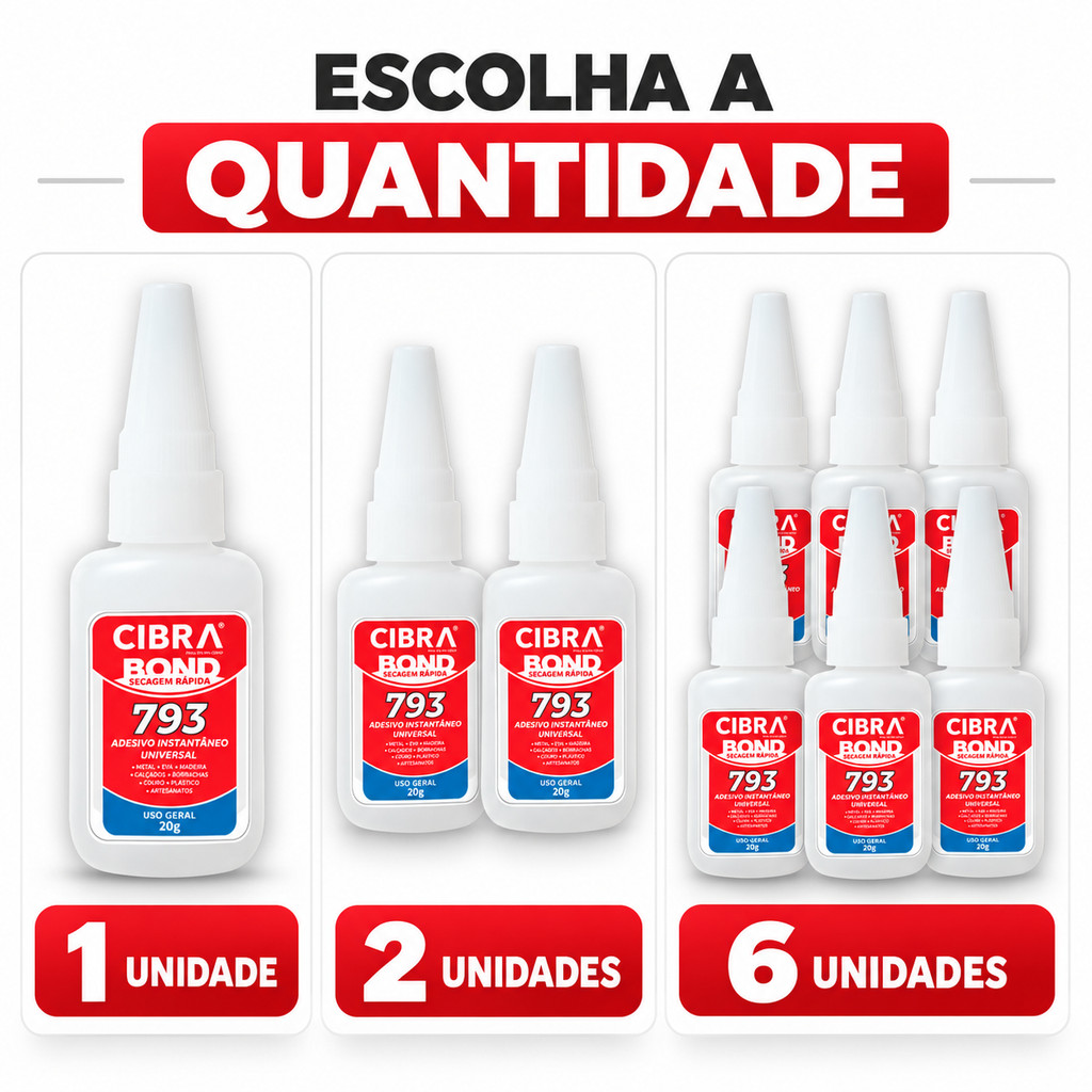 Adesivo Instantâneo Universal Cibra Bond com 1, 2 e 6 UN