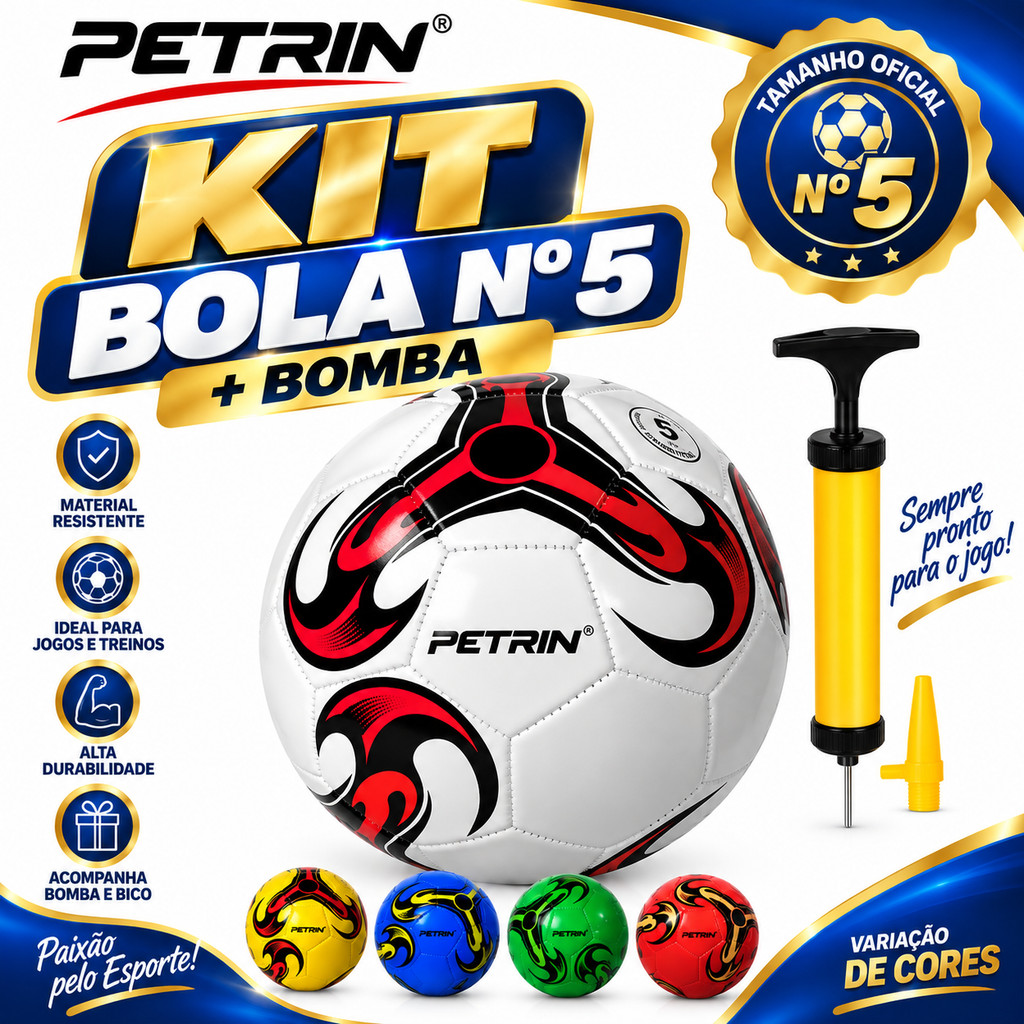 Kit Bola de Futebol Salão Campo + Bomba de Ar Bola Grande n° 5