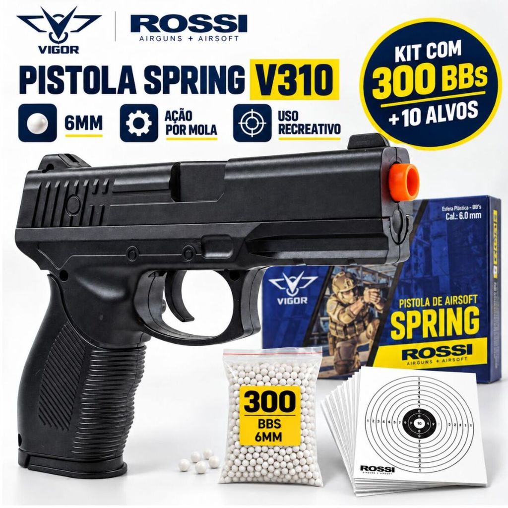 Pistola Airsoft Vigor V310 Spring 6mm Recreativa + 300 BBs + 10 Alvos