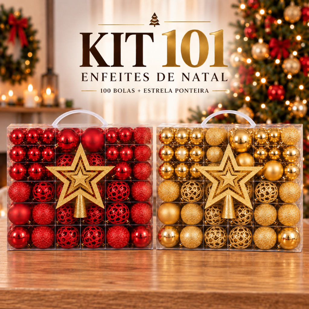 Kit 101 Enfeites de Natal 100 Bolas + Estrela Ponteira Decoração para Árvore de Natal