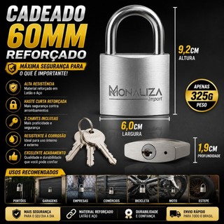 Cadeado Grande Reforçado 60mm Haste Media Portão Porta Chave Comércio Empresa Galpão "Envio Imediato