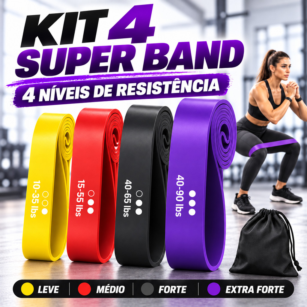 Kit 4 Faixas Elásticas Super Band 4 Níveis de Resistência para Crossfit Academia e Treino
