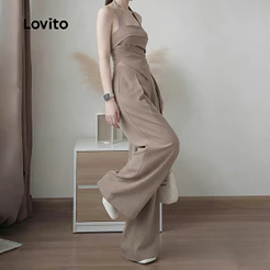 (Casual) Lovito Tops ou calças com babados assimétricos primavera/verão cáqui tops ou calças para mulheres LK3ED622