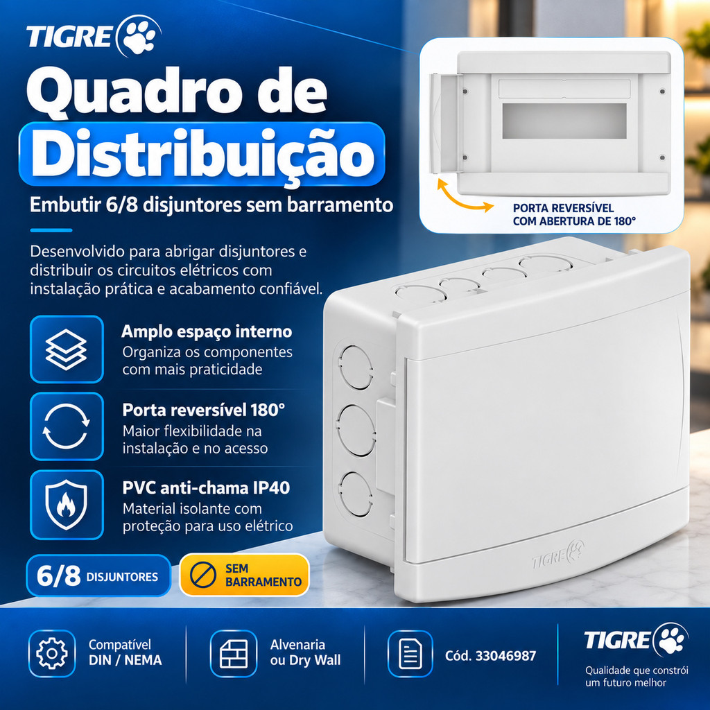 Quadro De Distribuição Caixa Embutir 6/8 Disjuntores Tigre Quadro Elétrico Obra Casa · foto 2