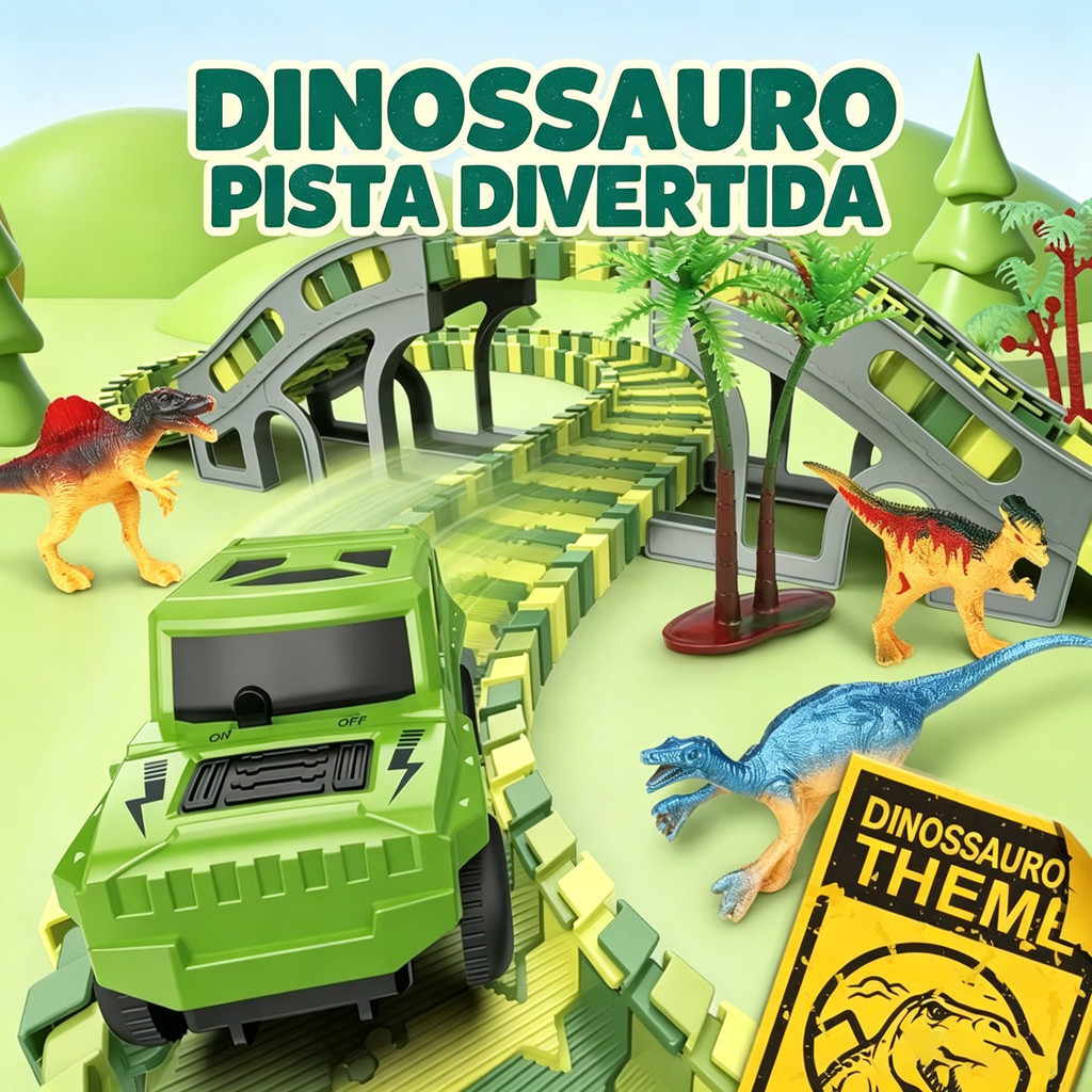 Pista de Dinossauros Infantil 194 Peças com Carrinho, 6 Dinossauros e Trilha Flexível Montável maravilhaa