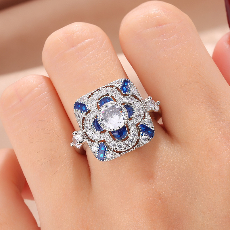 Moda azul branco diamante zircão anel luz luxo colorido tesouro anel feminino anel de diamante jóias presente