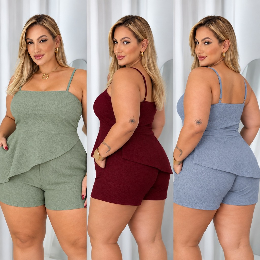 Conjunto Feminino Plus Size Elegante e Casual Assimétrico Duna Blusa Elástico e Shorts Curto Moda Verão Confortável